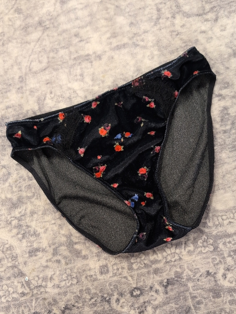 Jason Wu Black Velvet Floral Bikini Briefs with Mesh Sides